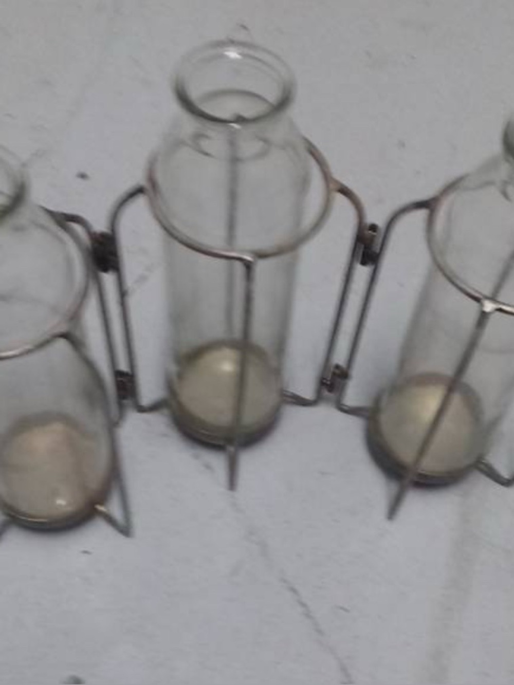 Lot of 3 Clear Glass Milk Bottles in Adjustable Metal Wire Holders/Carriers